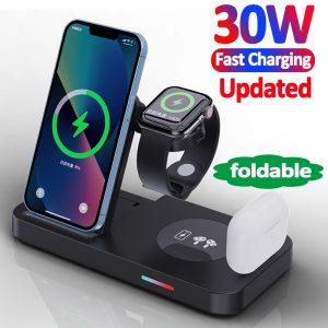 30W Wireless Charger Stand Qi Fast Charging Dock Station For Apple Watch Samsung Huawei iPhone 14 13 12 Pro Max AirPods Earbuds