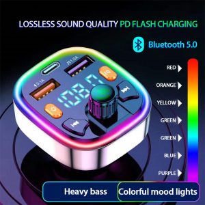 Digital Bluetooth 5.0 Car Charger FM Transmitter PD 20W Type-C Dual USB Charger with Colorful Ambient Light Cigarette lighter