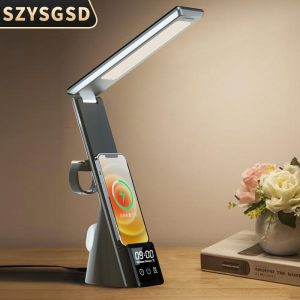 Fast 15W LED Table Lamp Wireless Chargers for iPhone Apple Watch Airpods Charging Station Multi-function Clock Charge Dock Stand