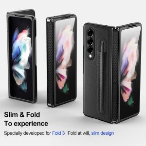 Hinge with S Pen socket Case for Samsung Galaxy Z Fold 3 5G Full Protection With Pen Holder Case Z Fold4 5G Leather Phone Cover